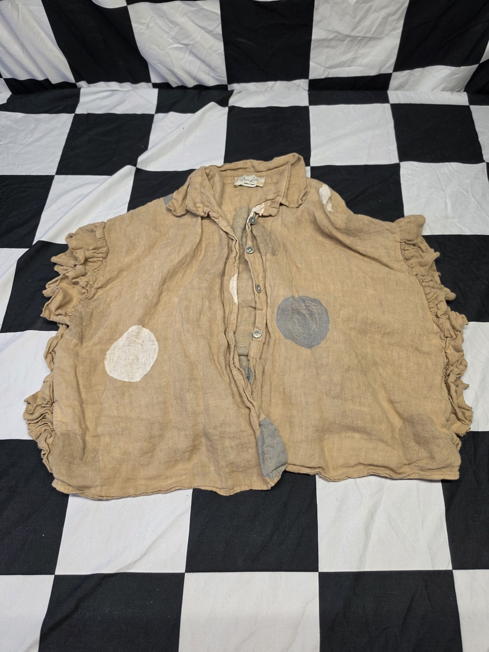Button-Front Ruffle Sleeve Top in Tan with Patch Details